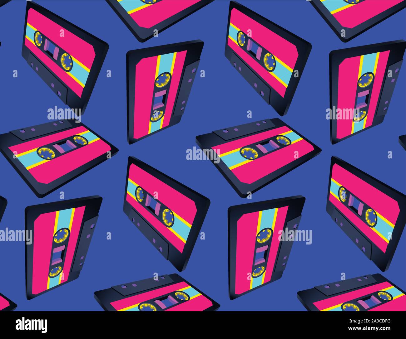 Compact cassette seamless pattern with floating or flying tape in perspective view Stock Vector