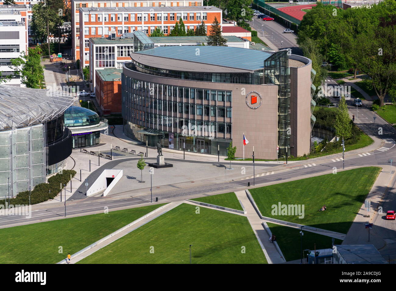 ZLIN, CZECH REPUBLIC - APRIL 29 2018: Tomas Bata University Center with Multimedia Library and Rectors Office from Eva Jiricna architect on T. G. Masa Stock Photo