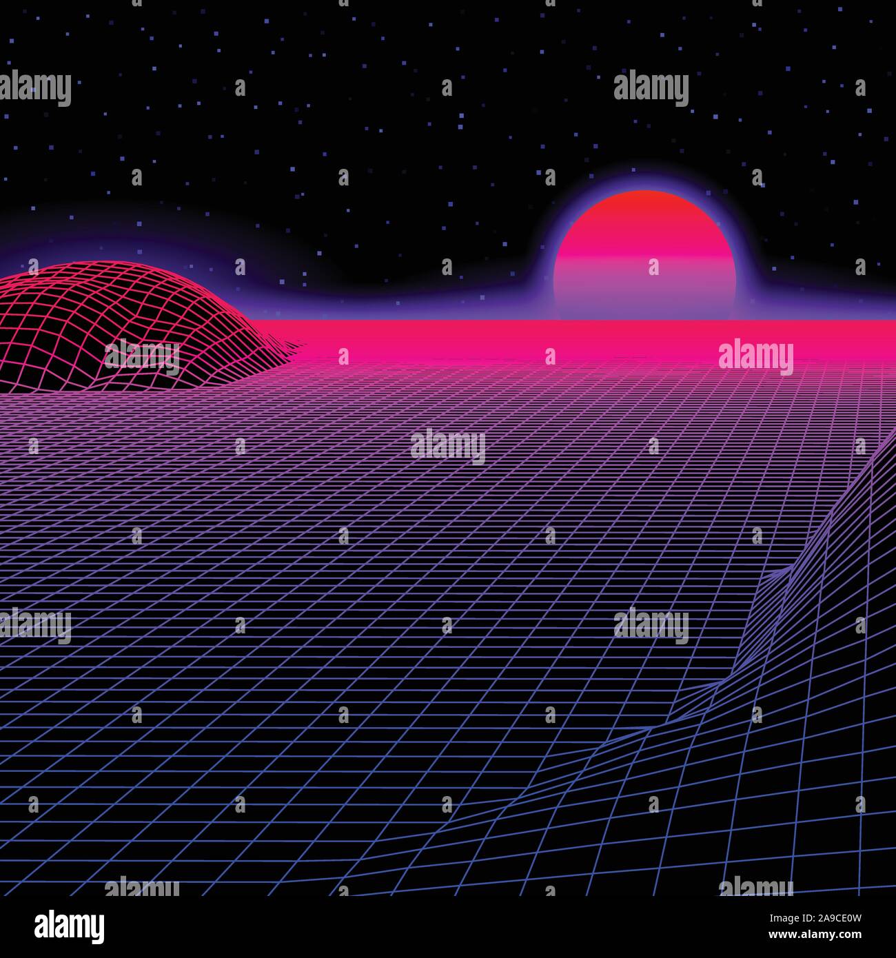 Landscape with wireframe grid of 80s styled retro computer game or ...
