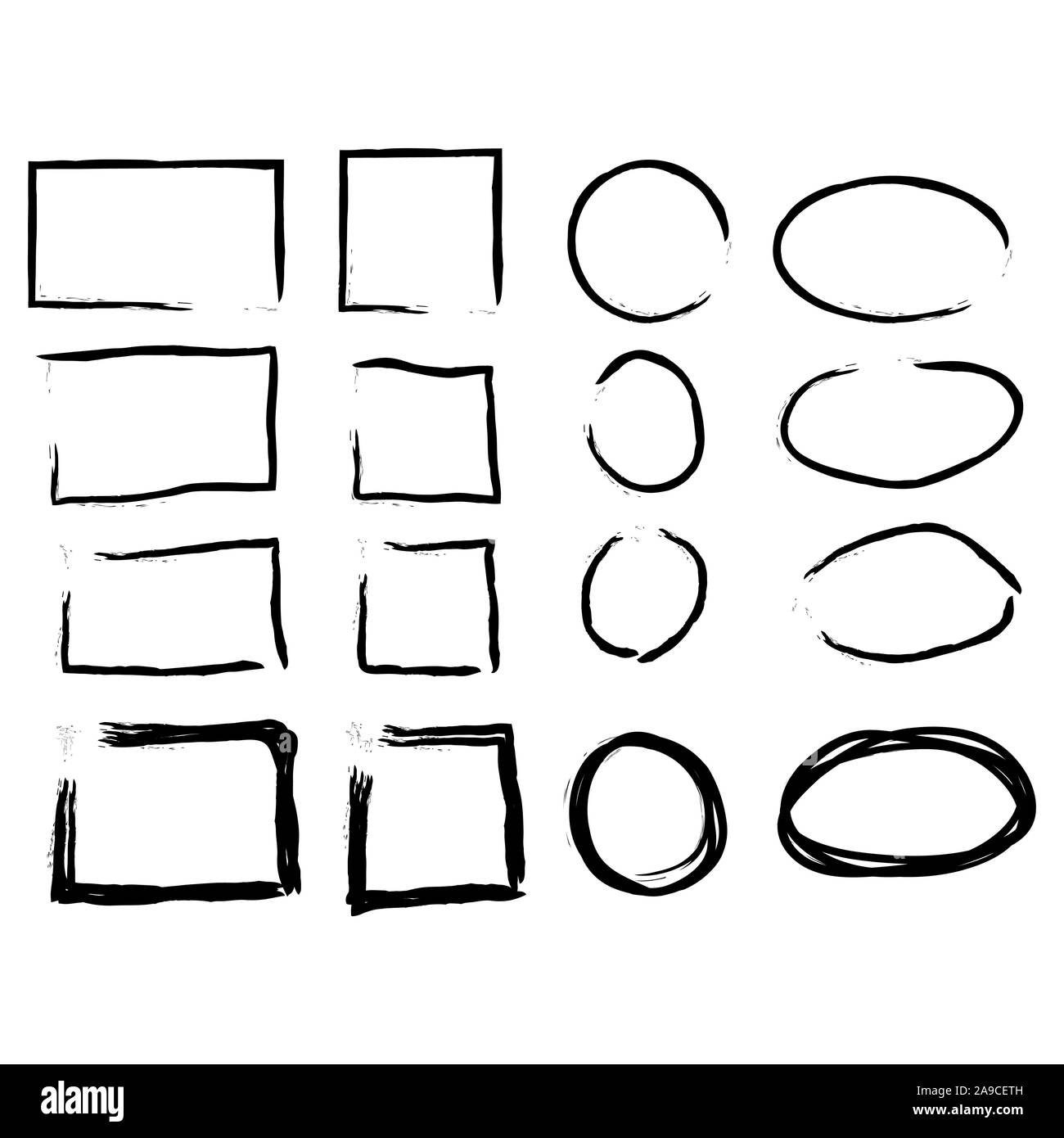 Hand drawn frames set. Cartoon style. Square, rectangle, circle, oval