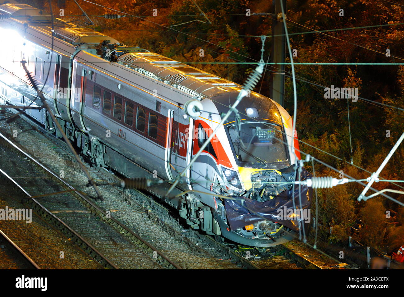 A damaged Azuma train that derailed in Leeds on 13th November 2019, after colliding with another train at the Neville Hill Depot. Stock Photo