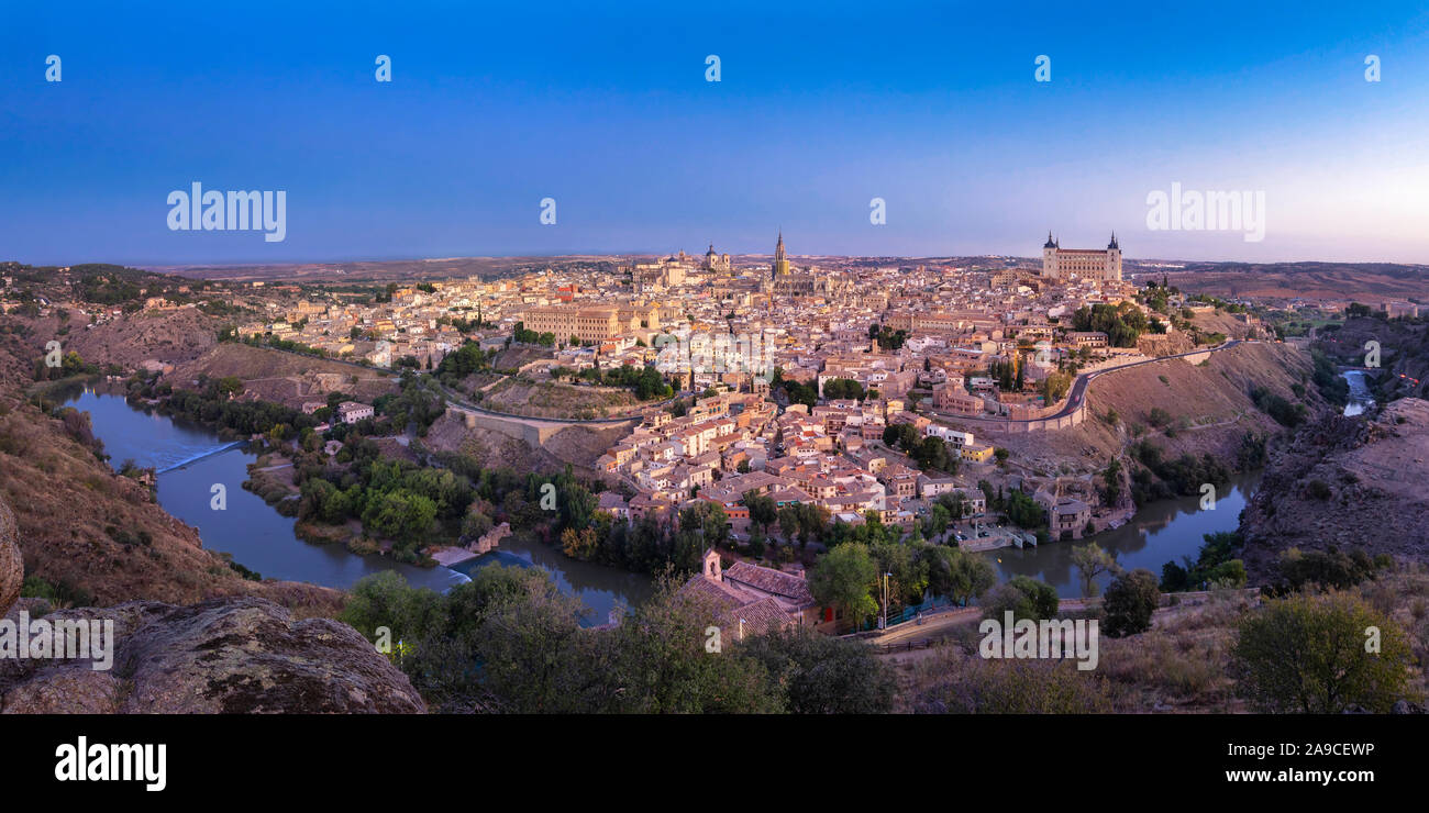 Panorama of Toledo on sunrise, Castilla - La Mancha, Spain Stock Photo