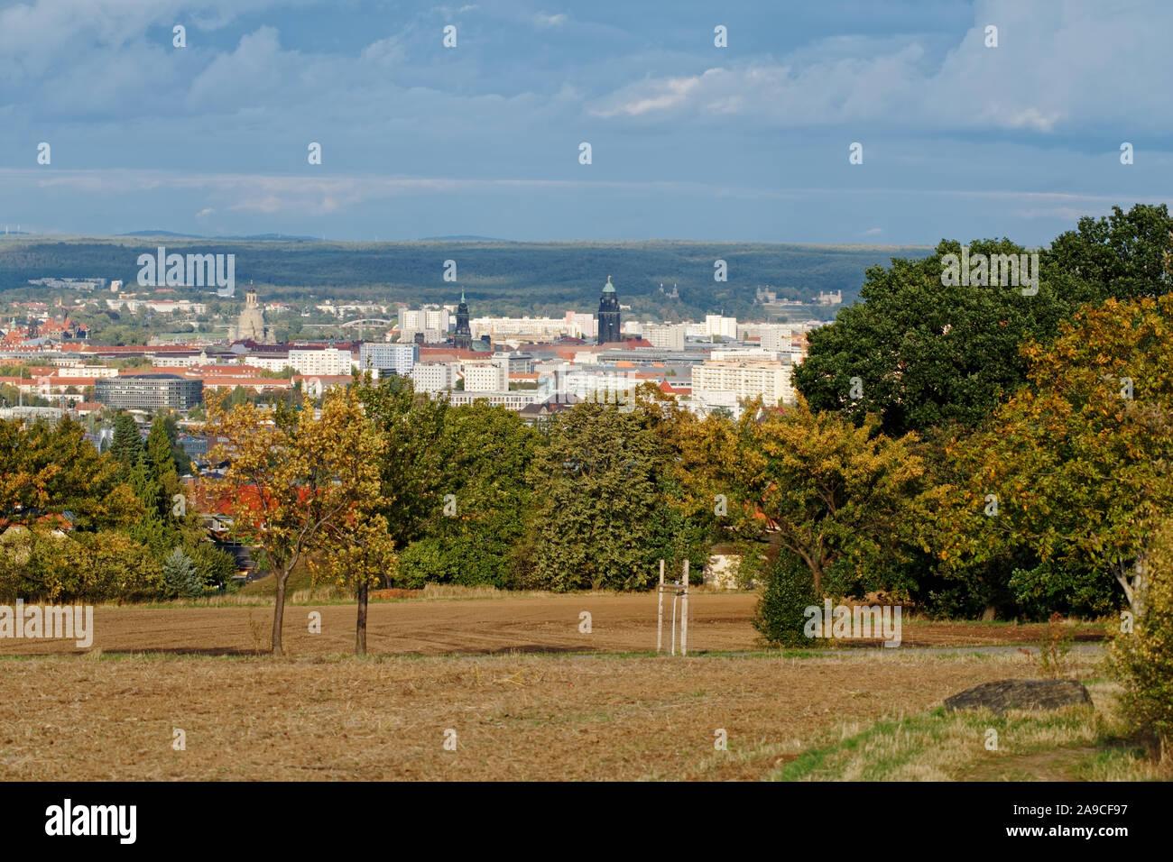 View over the city of Dresden from southwest direction with Frauenkirche, Rathausurm, Waldschlösschenbrücke and other sights, autumn atmosphere, colou Stock Photo