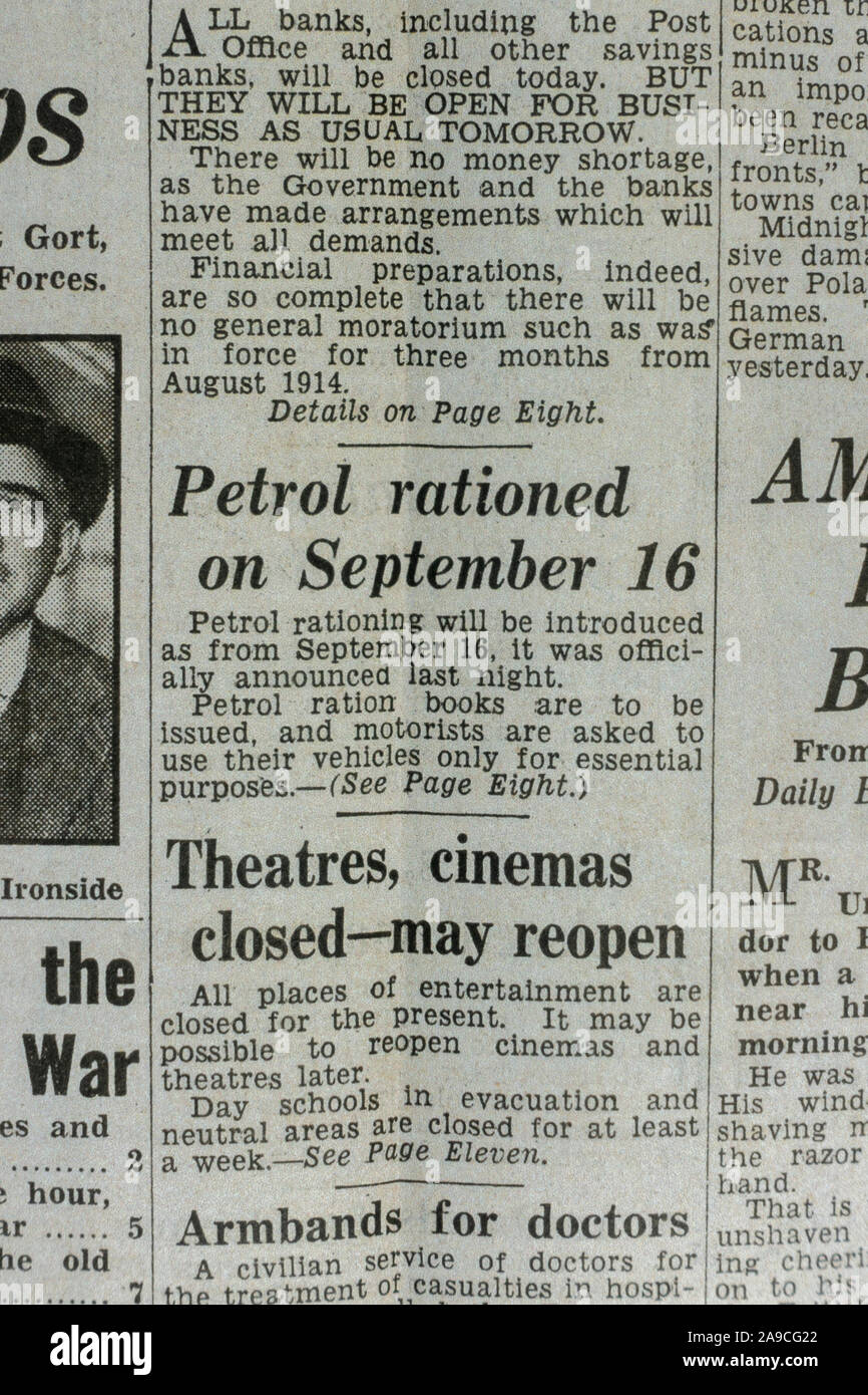 Article announcing petrol rationing in The Daily Express (replica), 4th