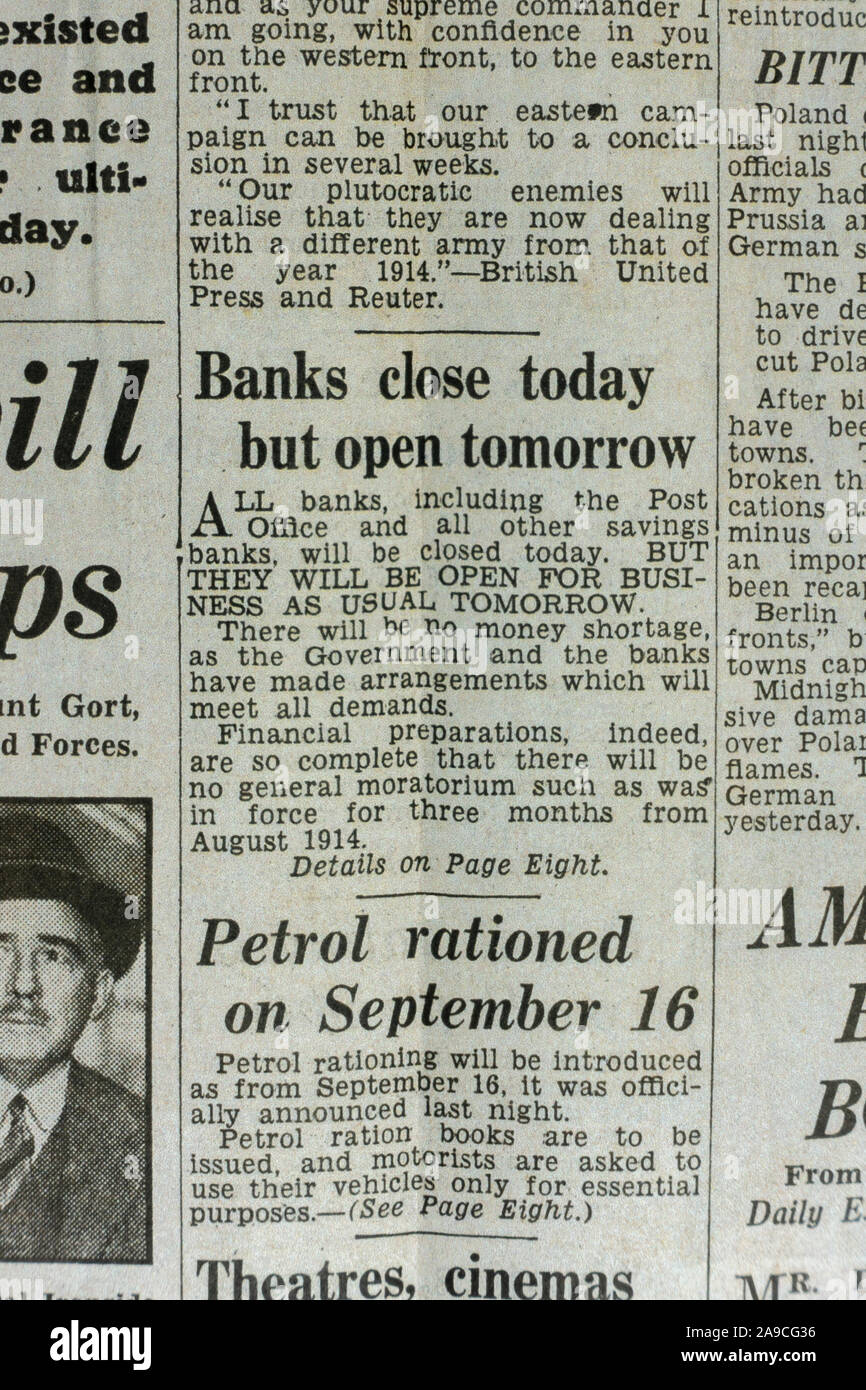 Article announcing 'Banks close today but open tomorrow', The Daily Express (replica), 4th September 1939, the day after World War II was declared. Stock Photo