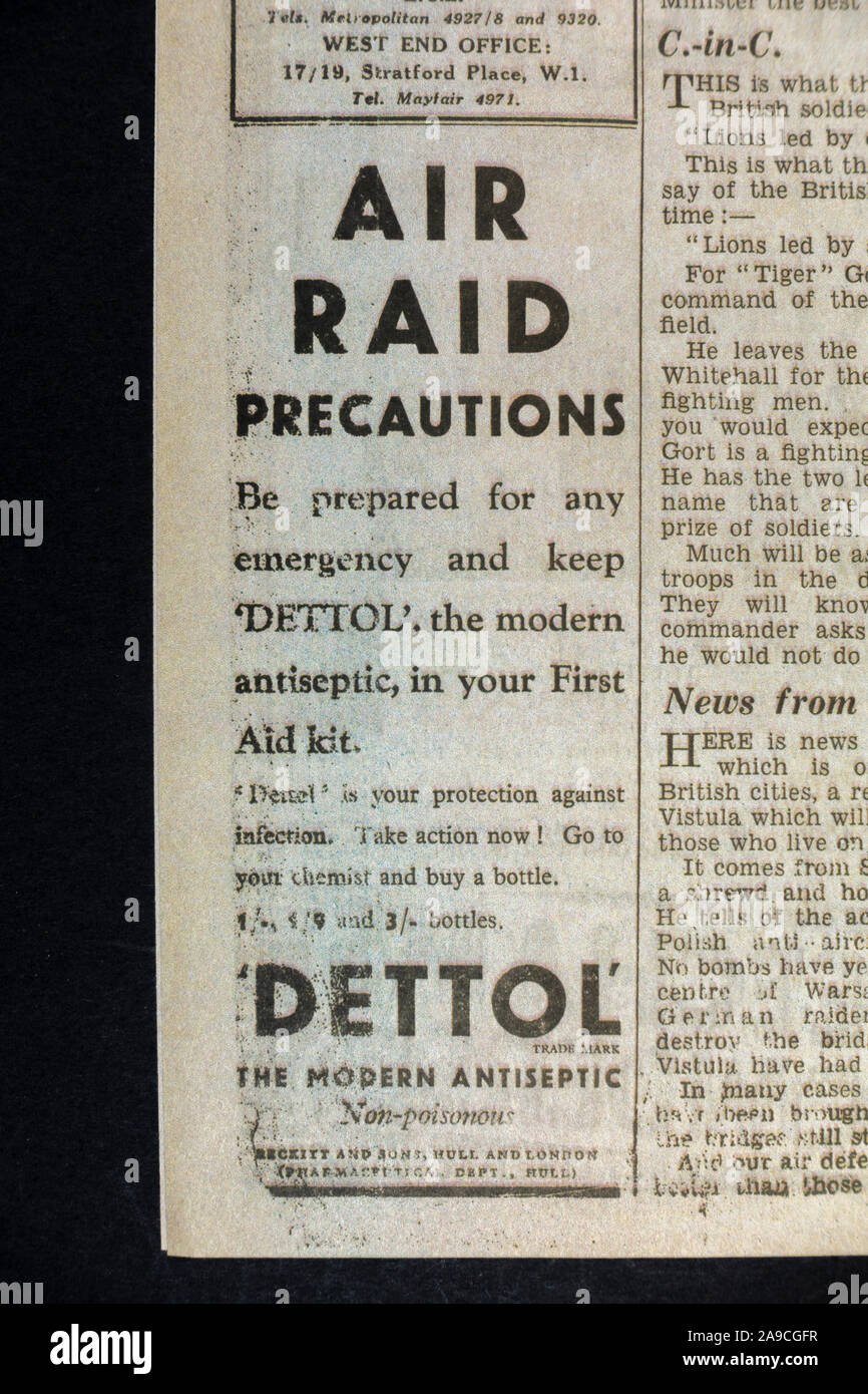 Advert for Dettol antiseptic in the case of Air Raids, The Daily Express (replica), 4th September 1939, the day after World War II was declared. Stock Photo