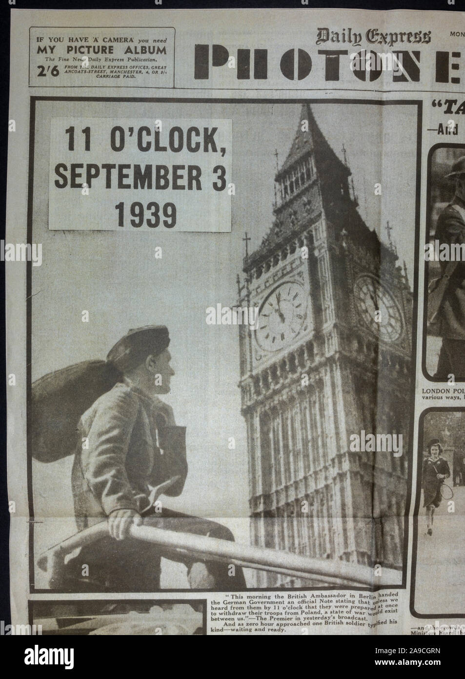 Photograph of Big Ben at 11am, September 3rd 1939 in The Daily Express (replica), 4th September 1939, the day after World War II was declared. Stock Photo