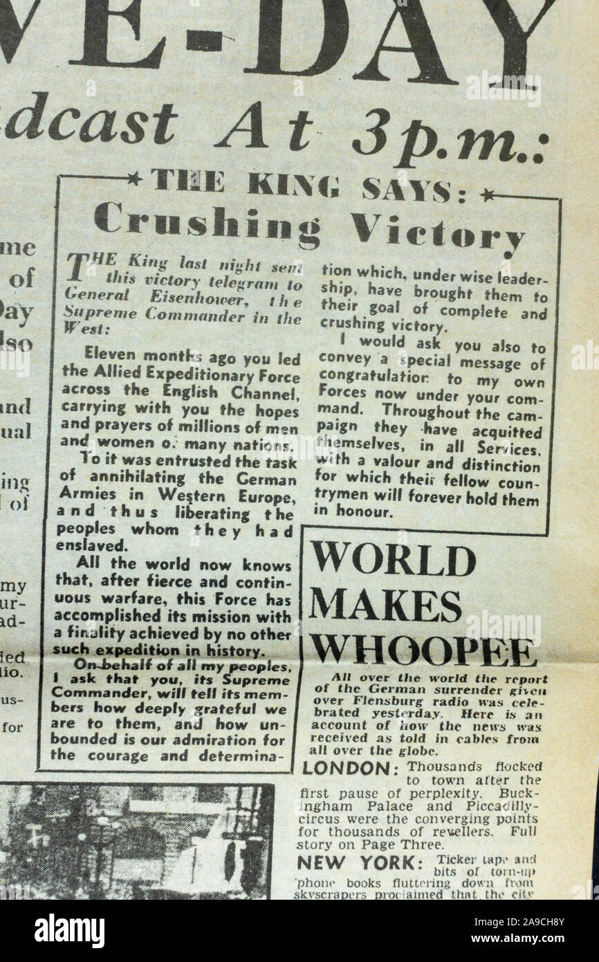 Message from King George VI on the front page of The Daily Sketch (replica) newspaper from 8th May 1945 celebvrating VE Day. Stock Photo