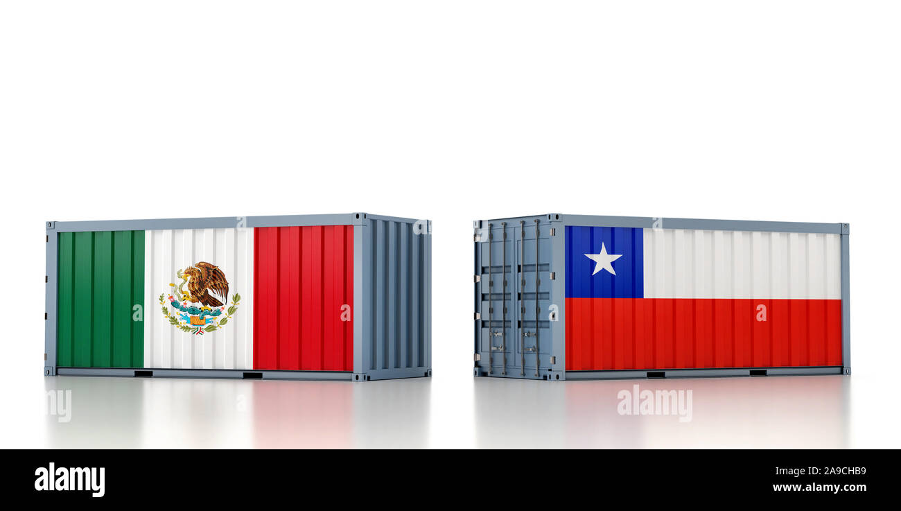Two freight container with Mexico and Chile flag. 3d rendering Stock Photo