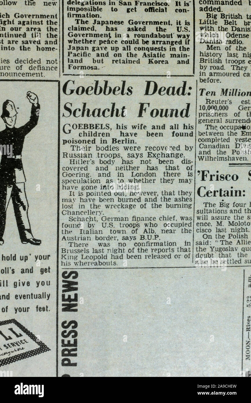 Article announcing death of Joseph Goebbels and his family through poisoning in The Daily Sketch (replica) newspaper, 8th May 1945 celebrating VE Day. Stock Photo