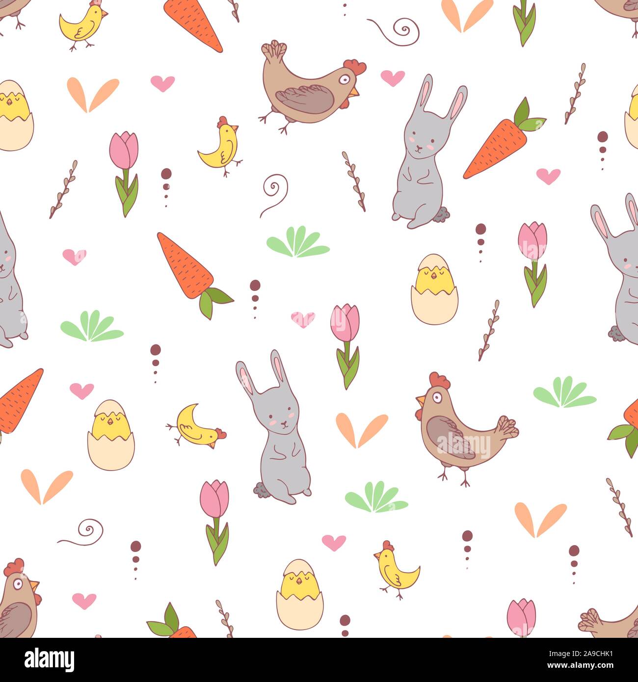 Handdrawn easter seamless pattern with bunny, carrot, chiken, vector illustration Stock Vector