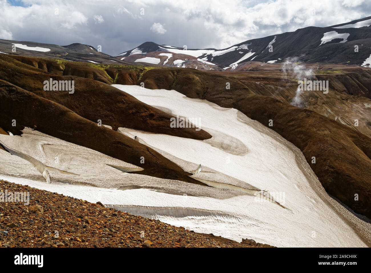 Mountainous landscape in brown tones with snowfields, steam emission and scree heap, high-contrast photo - Location: Iceland, Highlands, area 'Kerling Stock Photo