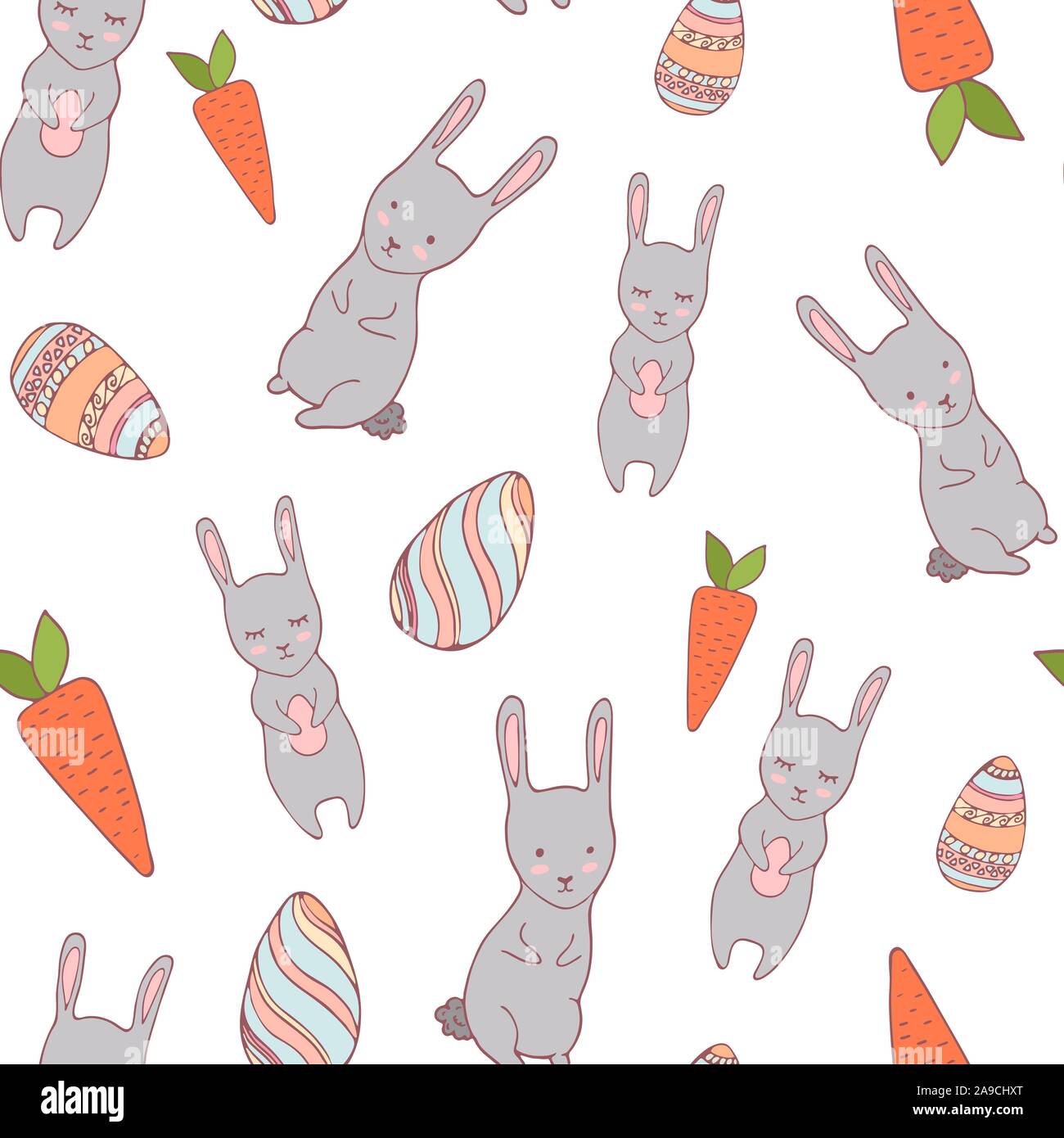 Handdrawn easter seamless pattern with bunny, carrot and decorative eggs, vector illustration Stock Vector