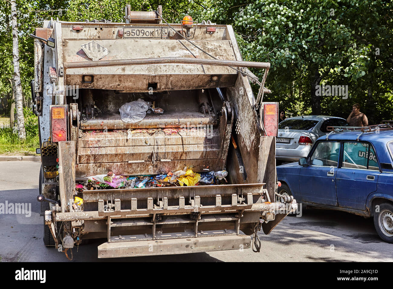 St. Petersburg, Russia June 17, 2019 The garbage truck leaves the