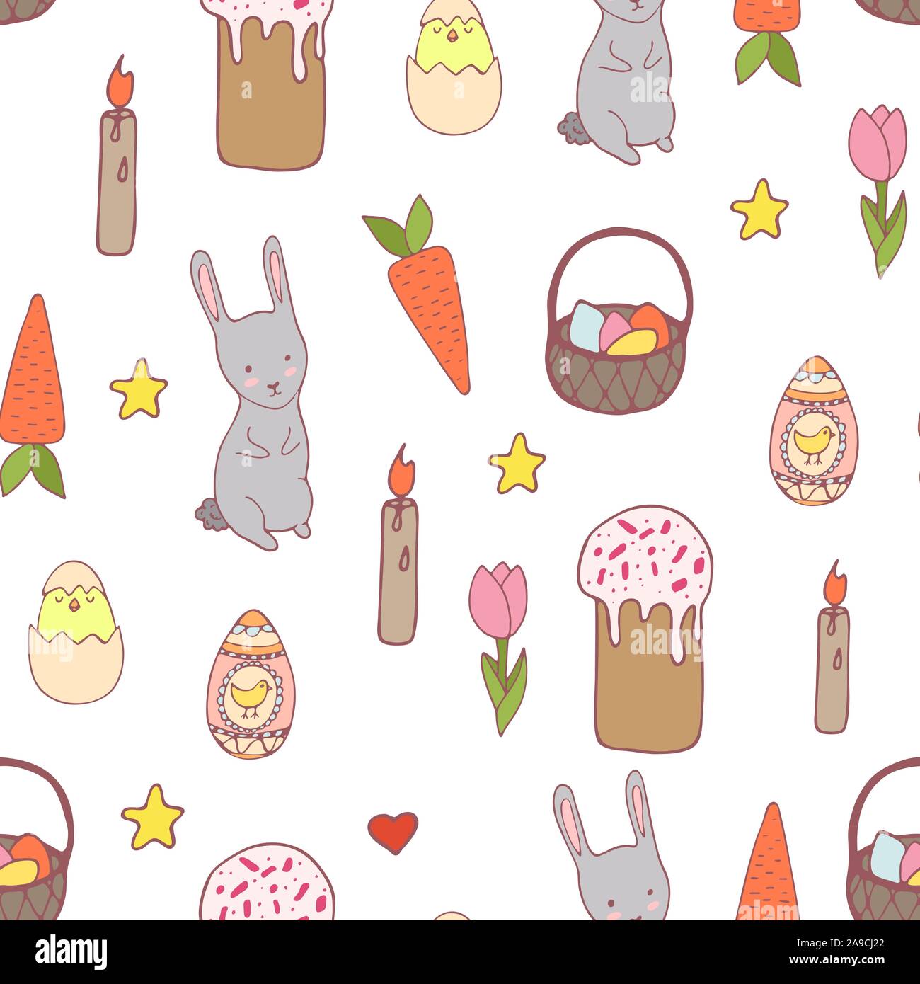 Handdrawn easter seamless pattern with bunny, carror, eggs and chiken , vector illustration Stock Vector