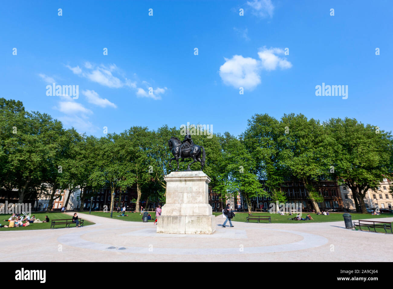 Queen Square, Lawned square with wide paths and an equestrian King William III statue. Bristol