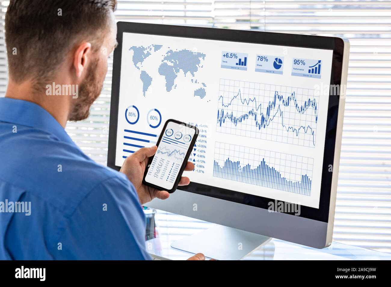 Analyst working on business analytics dashboard for financial investment on stock market exchange, analyzing metrics and KPI (Key Performance Indicato Stock Photo