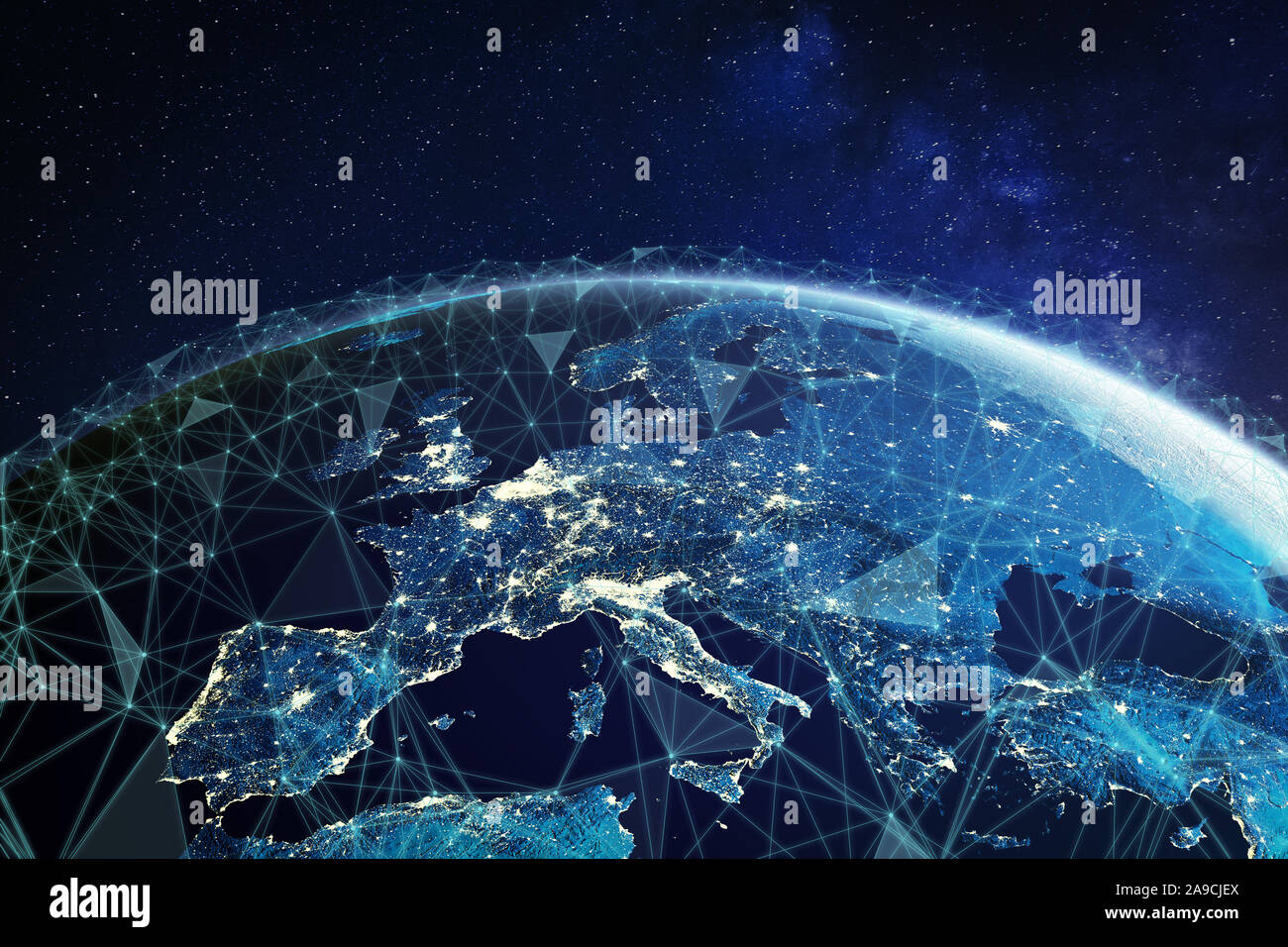 Telecommunication network above Europe viewed from space with connected system for European 5g LTE mobile web, global WiFi connection, Internet of Thi Stock Photo