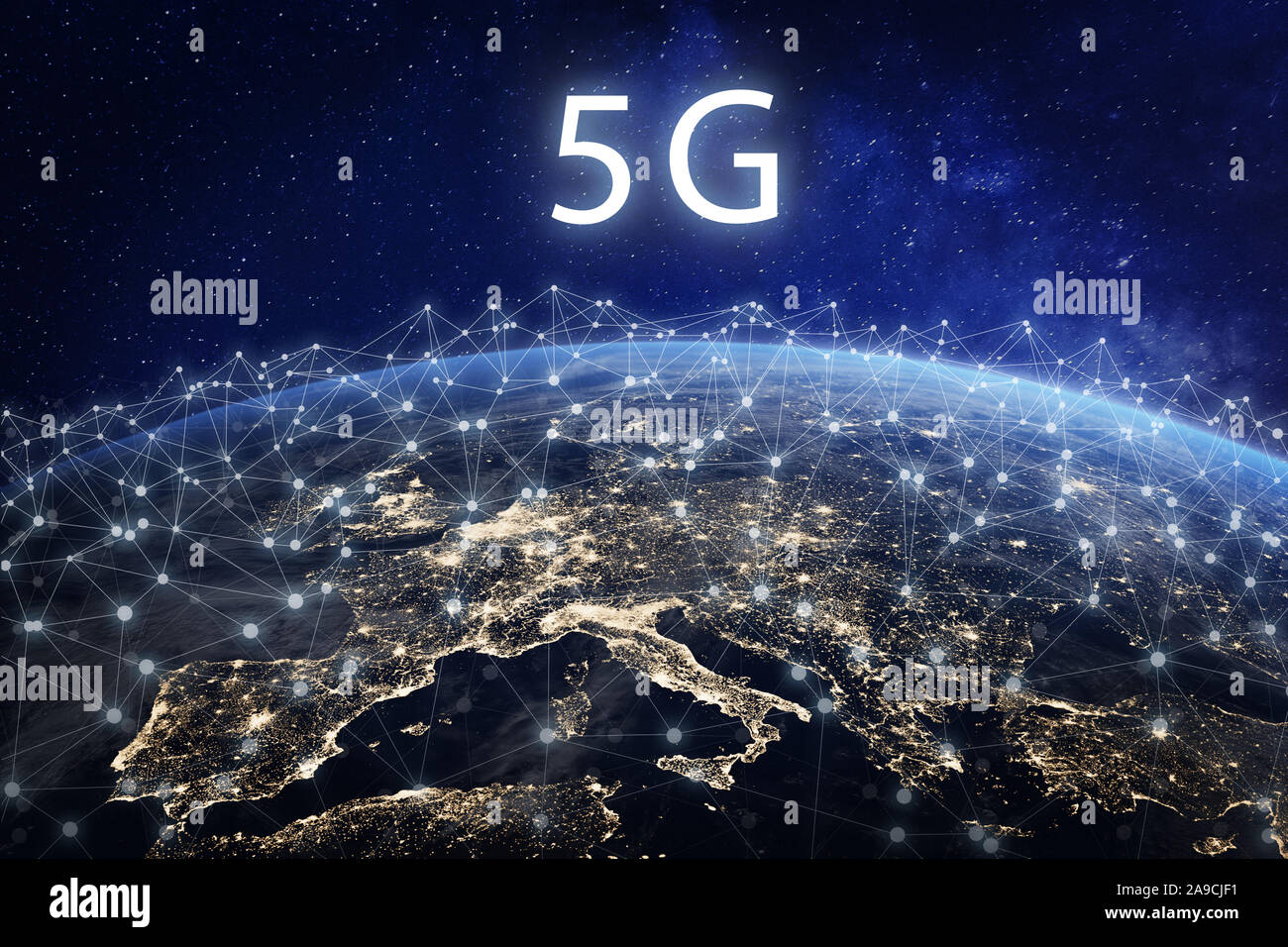 5G mobile telecommunication network in Europe for high speed wireless data connection to internet from smartphones, fifth generation radio wave commun Stock Photo