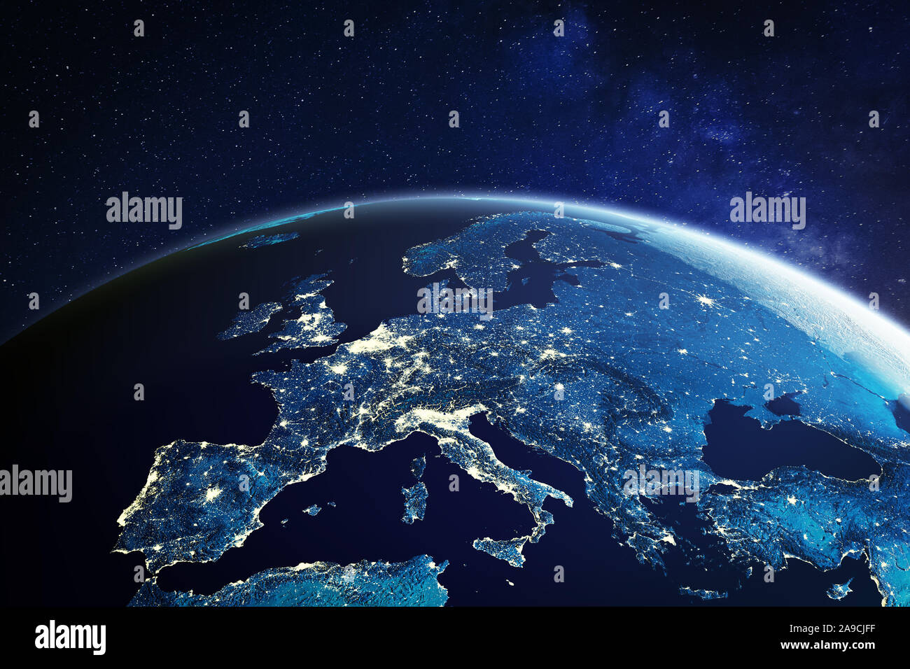 Europe from space at night with city lights showing European cities in Germany, France, Spain, Italy and United Kingdom (UK), global overview, 3d rend Stock Photo