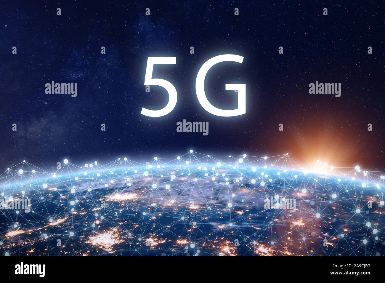 5G mobile internet telecommunication network with high speed wireless data connection technology for smartphones and IoT. Fifth generation system depl Stock Photo