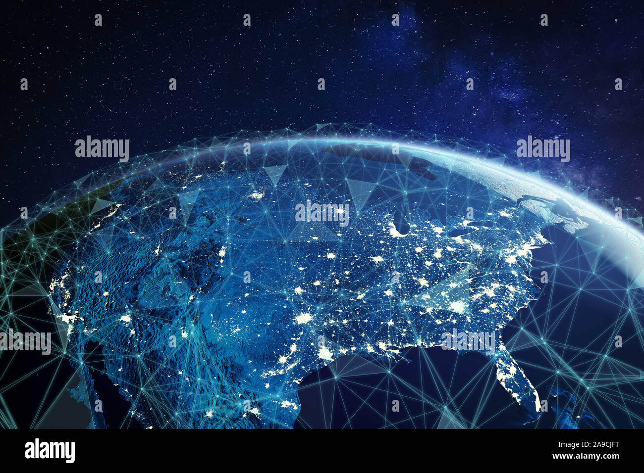 Telecommunication network above North America and United States viewed from space for American 5g LTE mobile web, global WiFi connection, Internet of Stock Photo