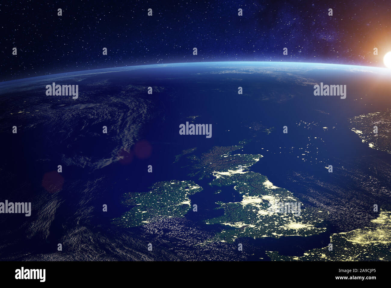 United Kingdom (UK) from space at night with city lights of the City of London, England, Wales, Scotland, Northern Ireland, communication technology, Stock Photo