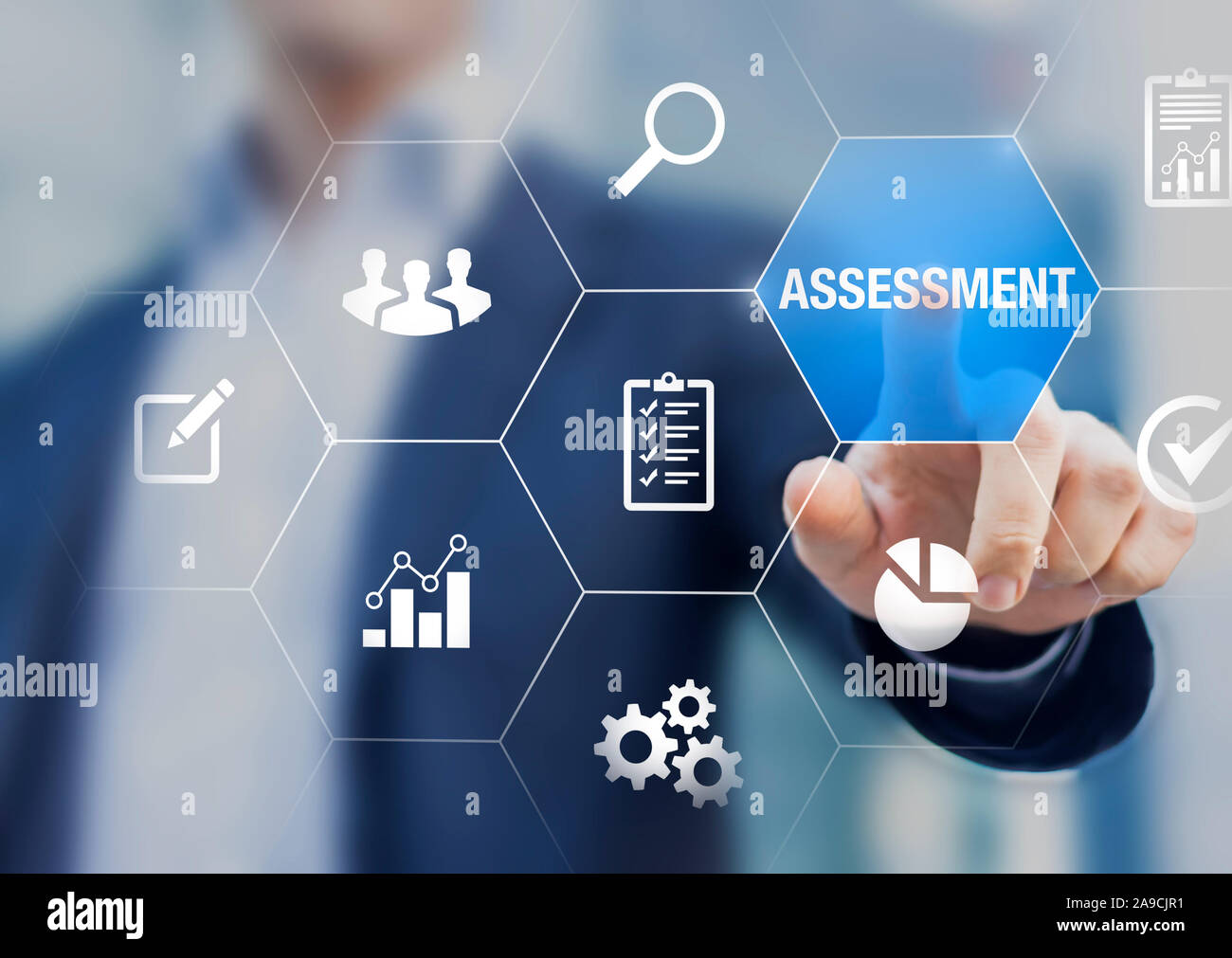 Assessment and analysis by professional auditing consultant concept, person touching screen with icons of risk evaluation, business analytics, quality Stock Photo