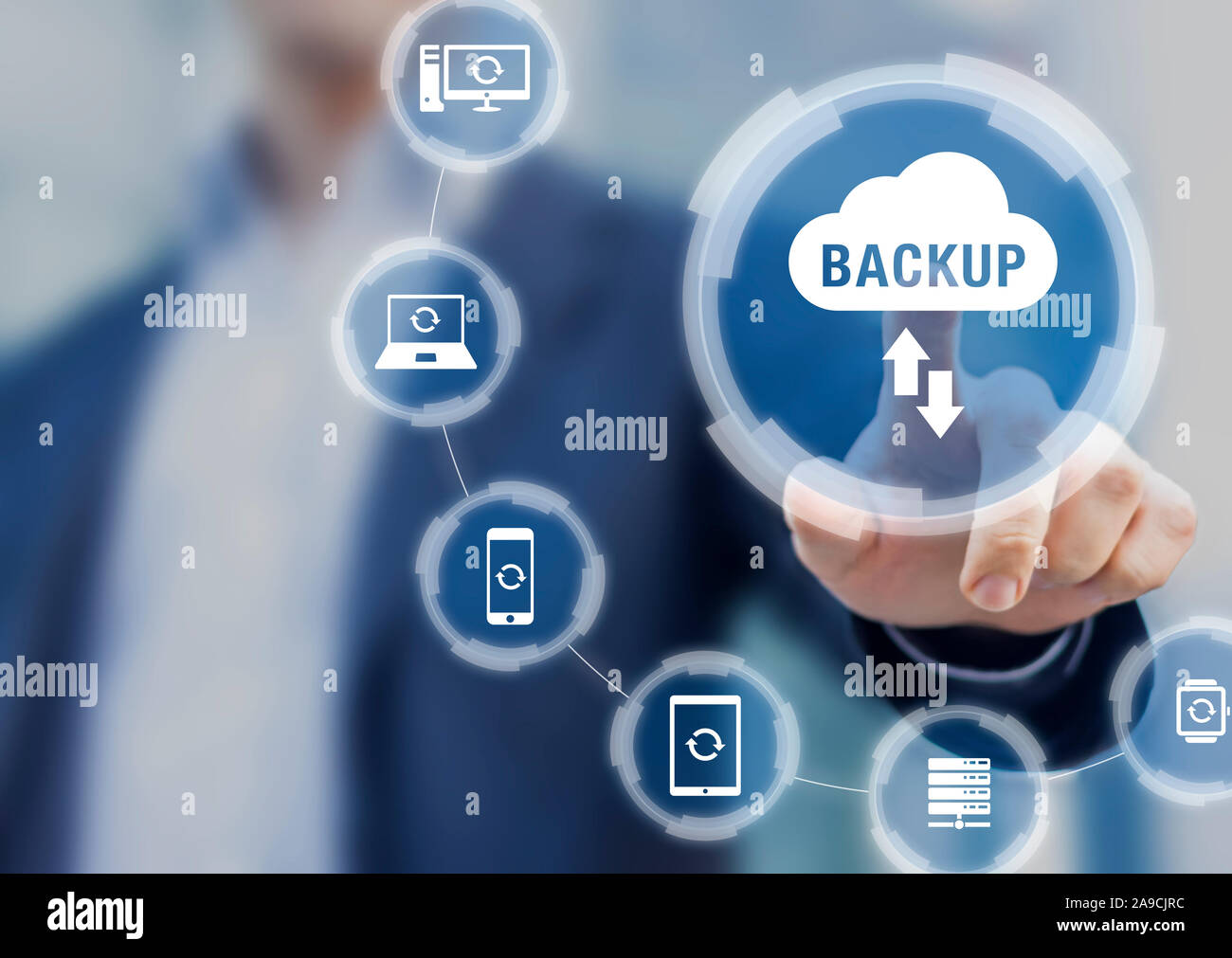 Backup files and data on internet with cloud storage technology that sync all online devices and computers with network connection, protection against Stock Photo