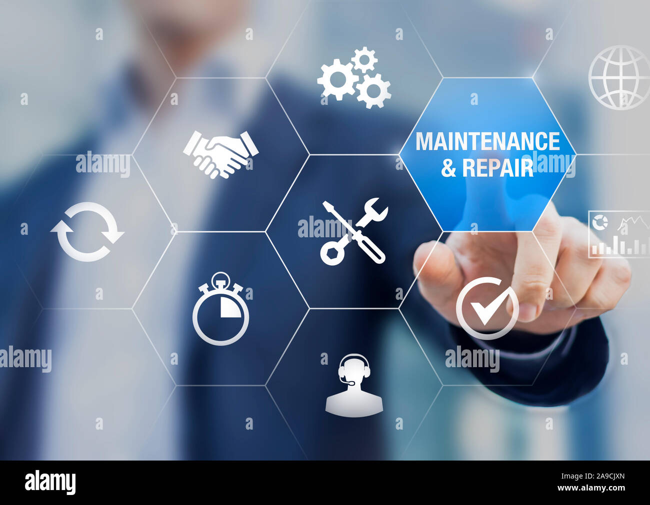 Maintenance and repair concept with icons about assistance and servicing of equipments, person touching symbols Stock Photo