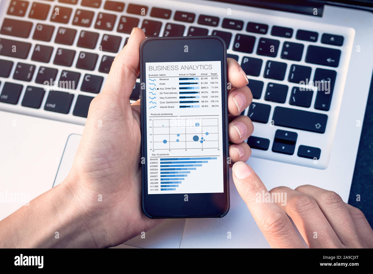 Business analytics dashboard on smartphone screen, analyst analyzing sales and operations data key performance indicators (KPI) charts and metrics Stock Photo