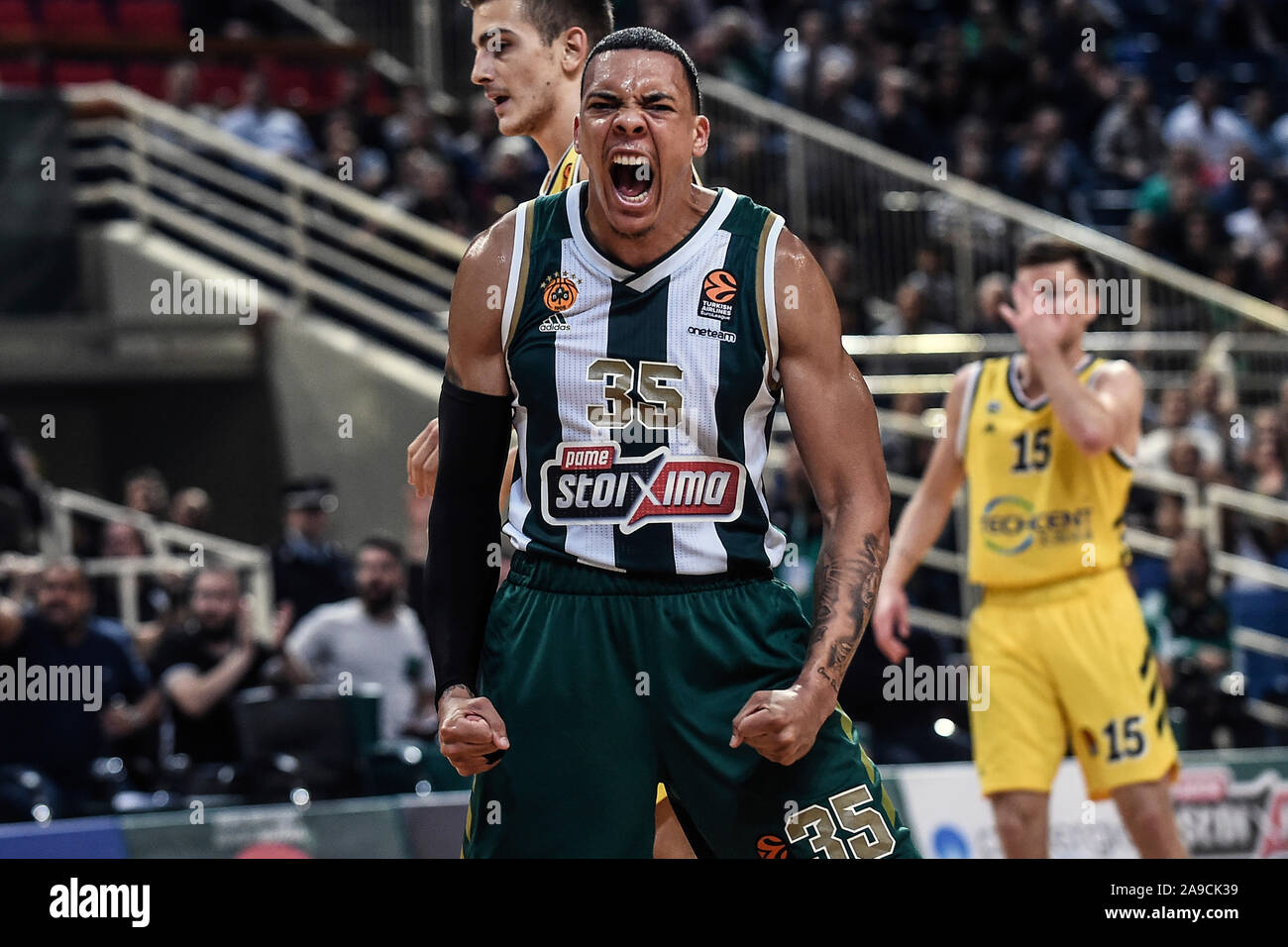 14 November 2019, Greece, Athen: Basketball, European League, Main Round,  8th Matchday, Panathinaikos Athens - Alba Berlin at the OAKA Stadium. Jacob  Wiley of Panathinaikos is reacting. Photo: Angelos Tzortzinis/dpa Stock  Photo - Alamy