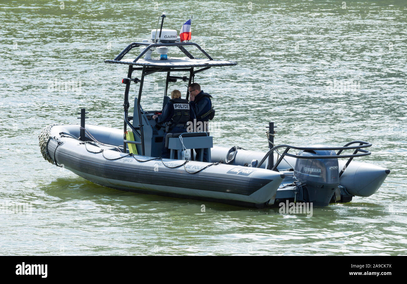 The river shuttle of the French National Police which carries out surveillance on the Seine river. Paris. France. Stock Photo