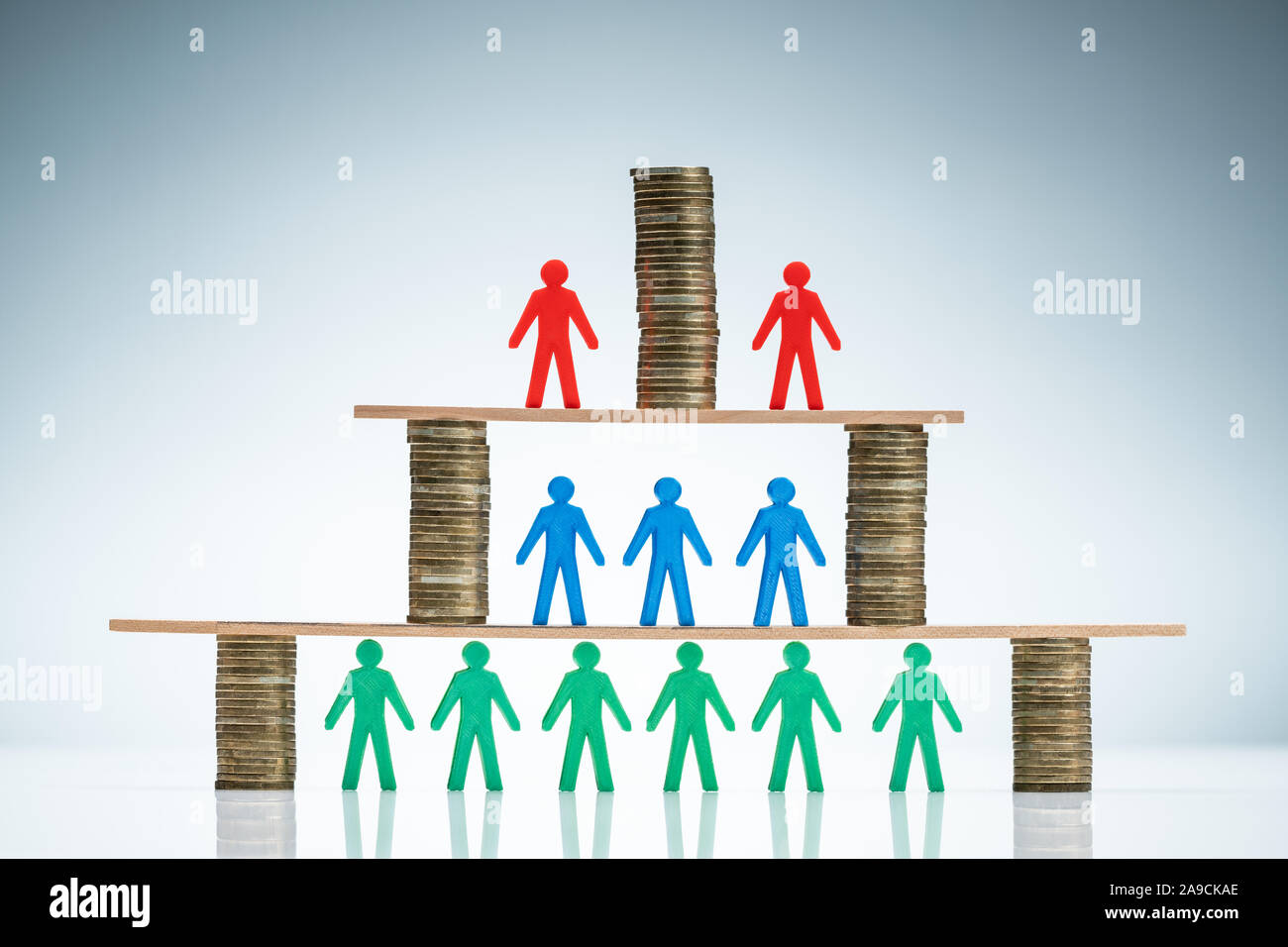 Corporate Hierarchy Concept With Stacked Of Coins And Colorful Human Figures Against Colored Background Stock Photo