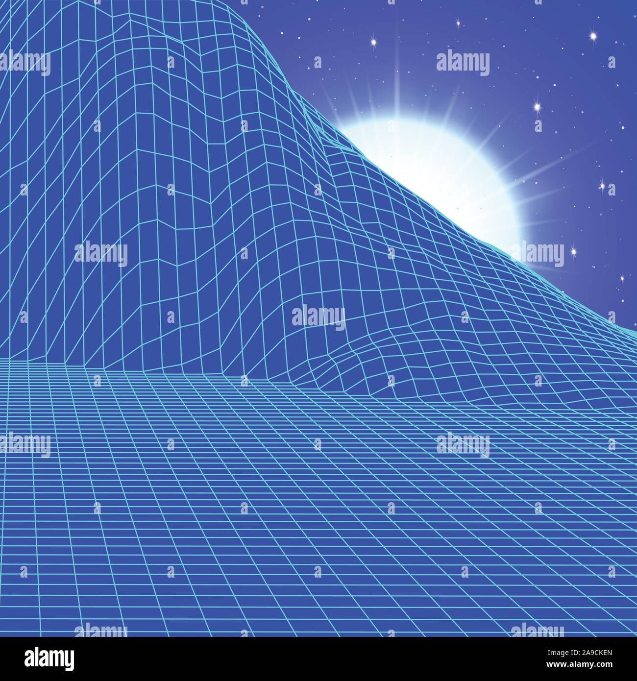 Landscape with wireframe grid of 80s styled retro computer game or ...