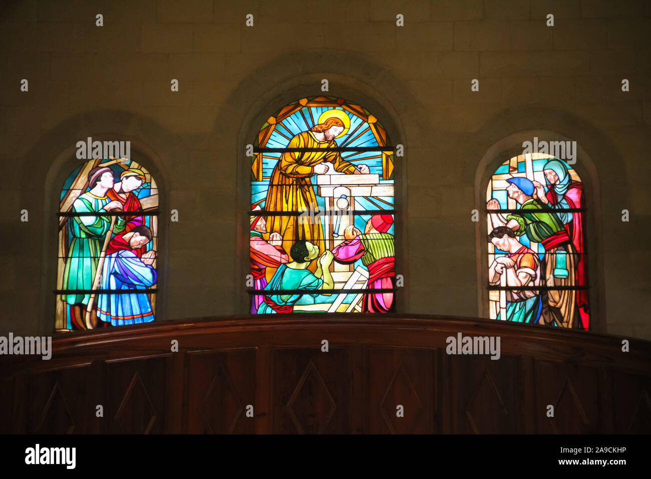A stained glass window in the Catholic Church of the Annunciation. The largest Christian church building in the Middle East. Stock Photo