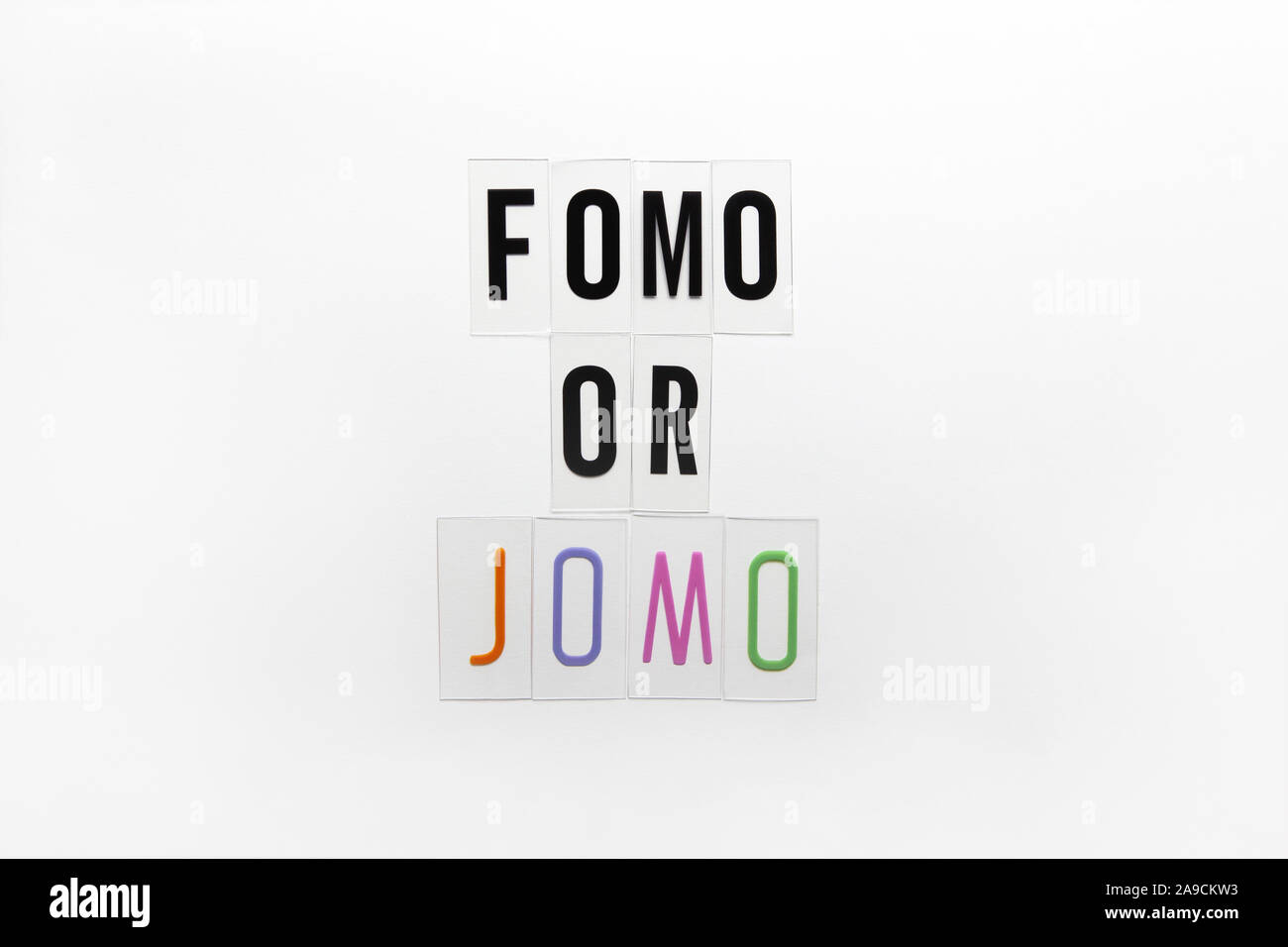 Abbreviation words FOMO, JOMO on transparent plastic on white background. FOMO means Fear Of Missing Out. JOMO - Joy Of Missing Out. Opposition, choic Stock Photo