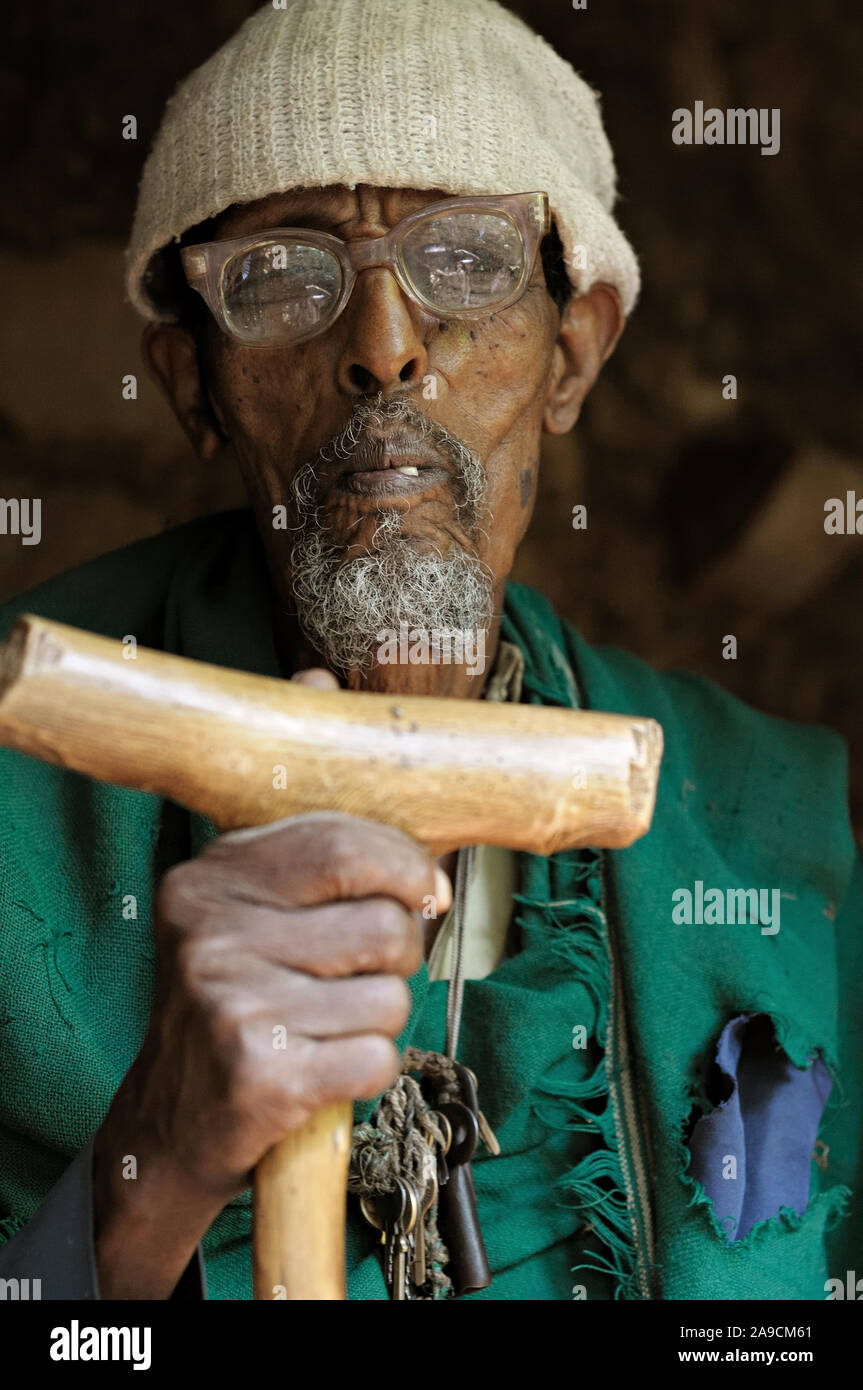 Old guardian of a small church museum on Zege Peninsula, Lake Tana, Ethiopia Stock Photo