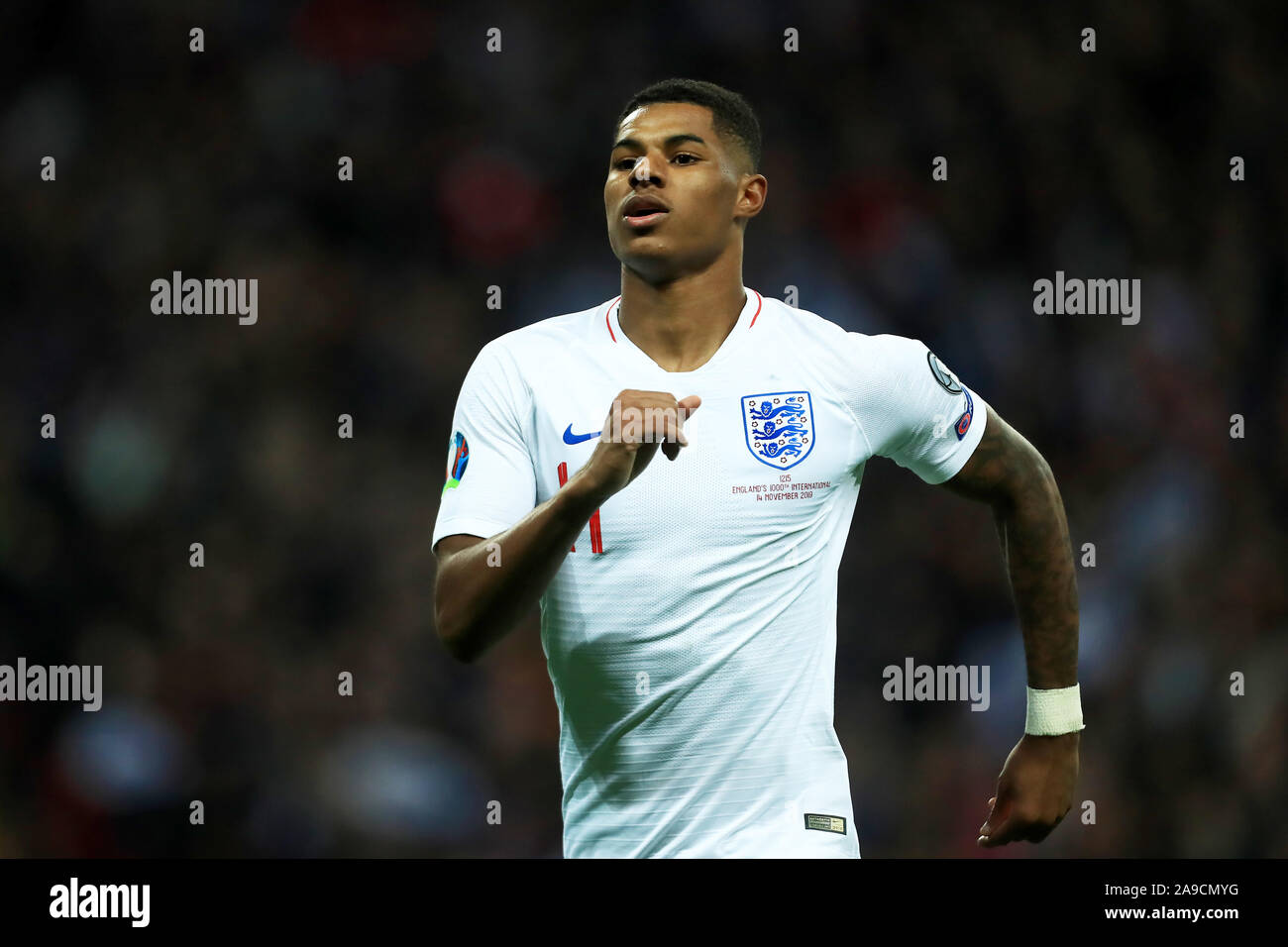 London, UK. 14th Nov, 2019. Marcus Rashford of England scores his sides fourth goal during the UEFA European Championship Group A Qualifying match between England and Montenegro at Wembley Stadium, London on Thursday 14th November 2019. (Credit: Leila Coker | MI News) Photograph may only be used for newspaper and/or magazine editorial purposes, license required for commercial use Credit: MI News & Sport /Alamy Live News Stock Photo