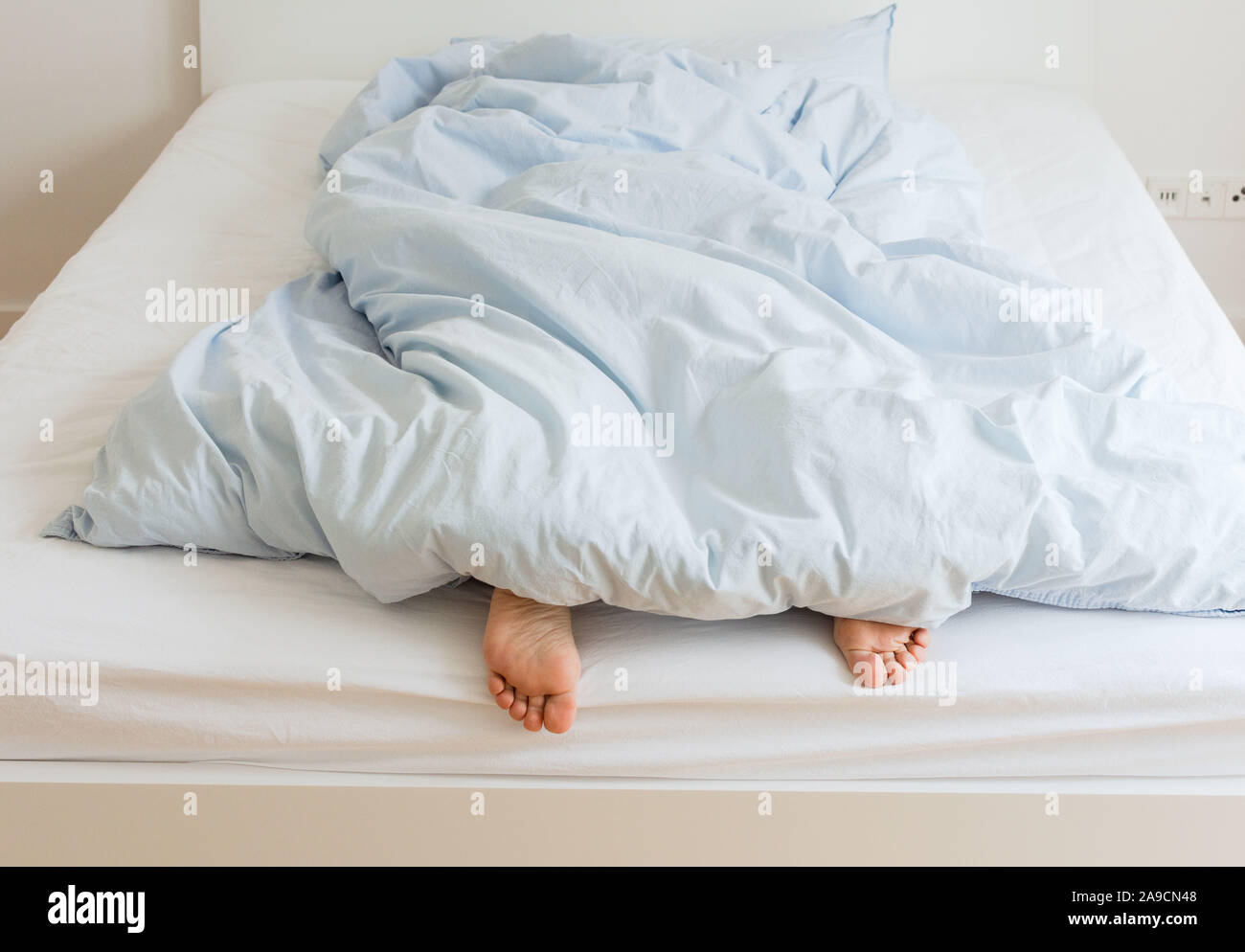 Part of the home or hotel interior, female legs peek out from under the
