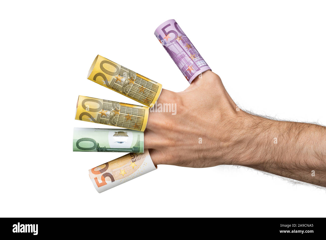 Close-up Of A Man's Hand Showing Rolled Up Euro Banknotes Over His Fingers Stock Photo