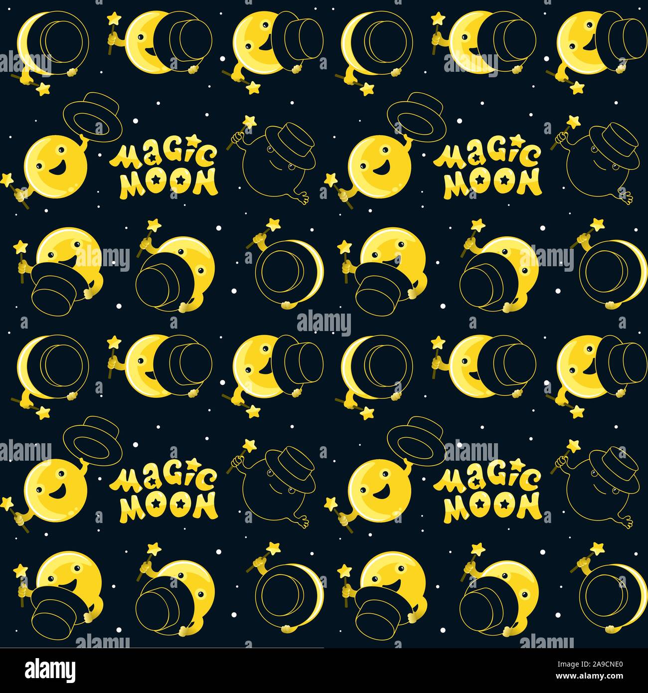 Moon phases, kawaii moon and magic show with magic hat. Seamless moon pattern Stock Vector
