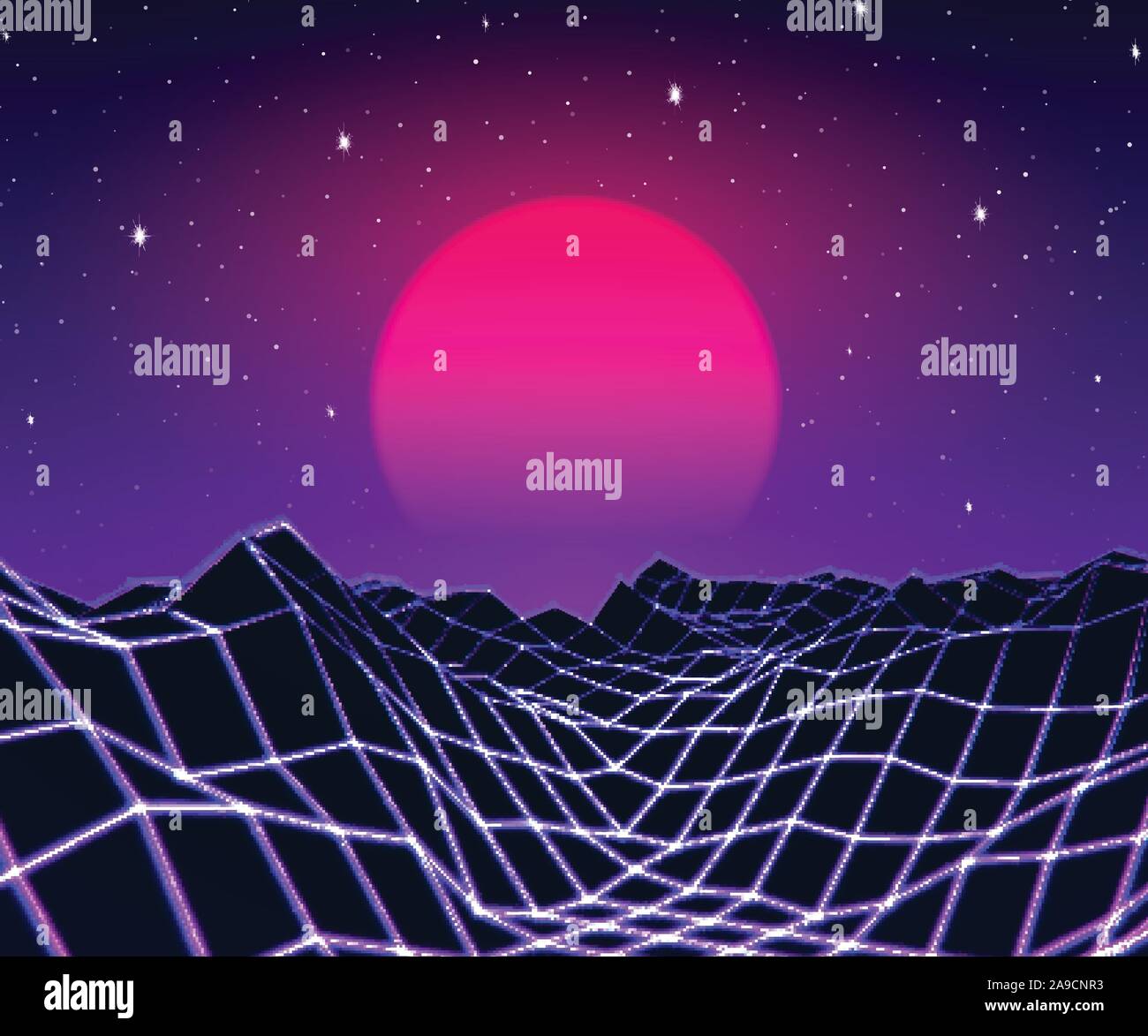 Neon grid landscape and sun with 80s game style Stock Vector Image ...