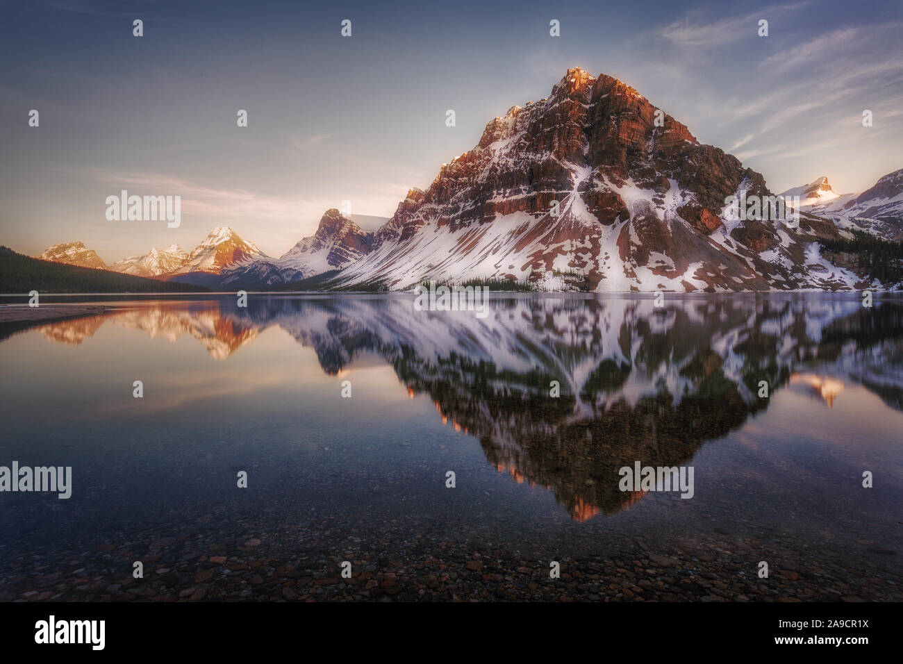 Calm early spring evening at Bow Lake with Crowfoot Mountain reflected on the mirror like waters. Snow landscape Banff national park, Canadian Rockies Stock Photo