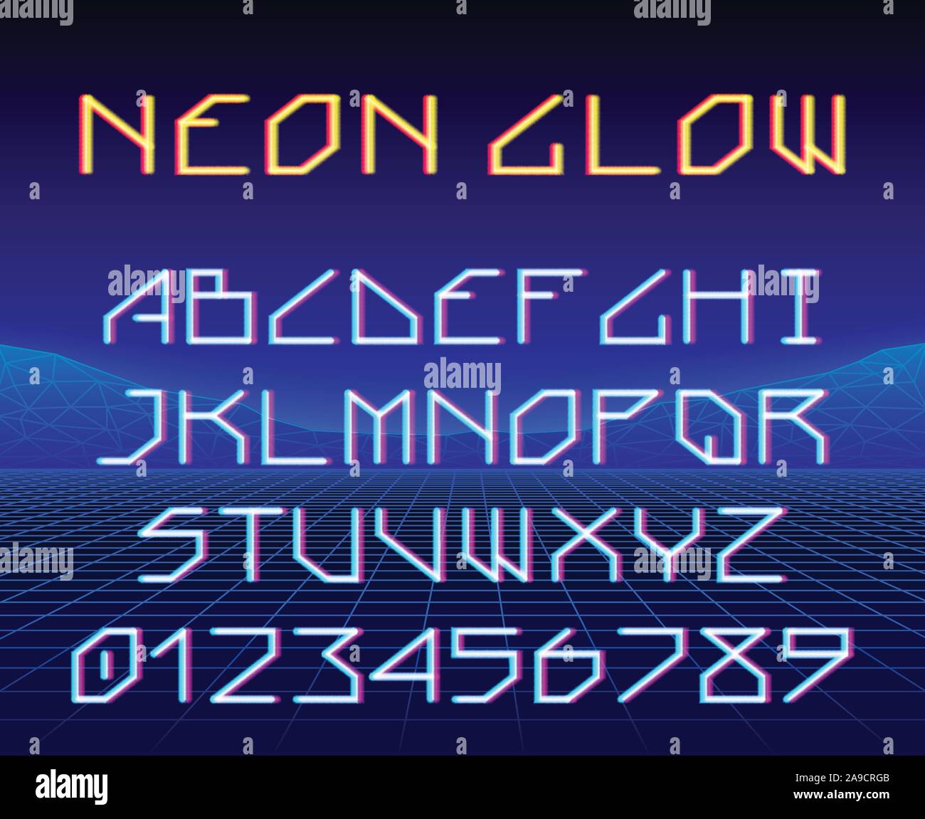 Neon glowing retro game laser font or a typeset with letters and digits Stock Vector