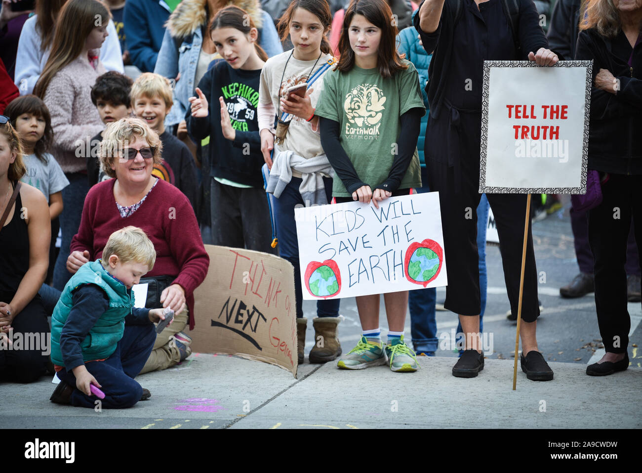 Students demonstrate during the  September 2019 climate strikes (also known as Global Week for Future), Montpelier, VT. Many walked out of school. Stock Photo