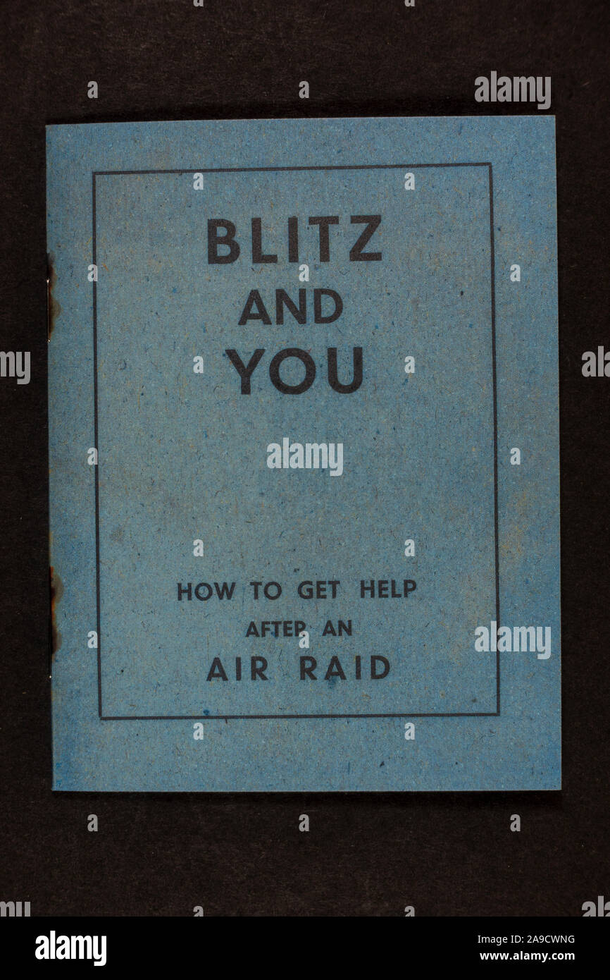 Front cover of the "Blitz And You" booklet,  "How to get help after an air raid", a piece of replica memorabilia from the Blitz era of the 1940s. Stock Photo