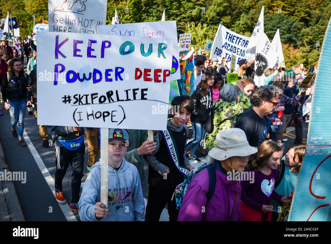 Students demonstrate during the September 2019 climate strikes (also known as Global Week for Future), Montpelier, VT. Many walked out of school. Stock Photo