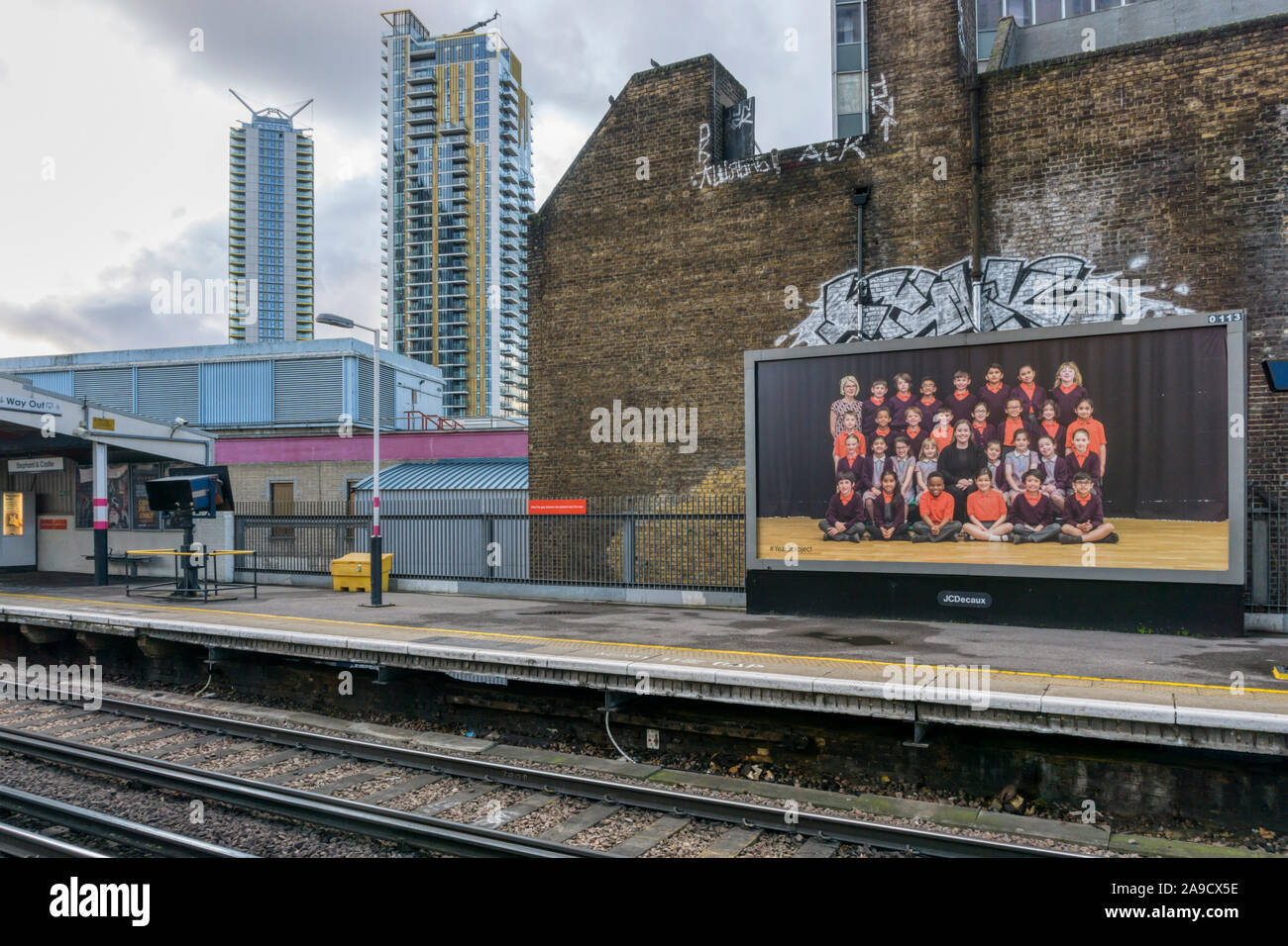 Elephant & Castle station with one of the billboards showing the Year 3 Project by Steve McQueen. Stock Photo