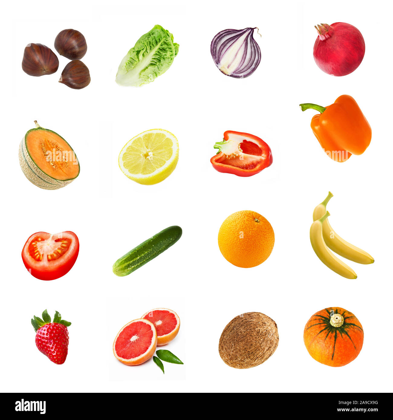 Fruits and vegetables isolated against white background Stock Photo